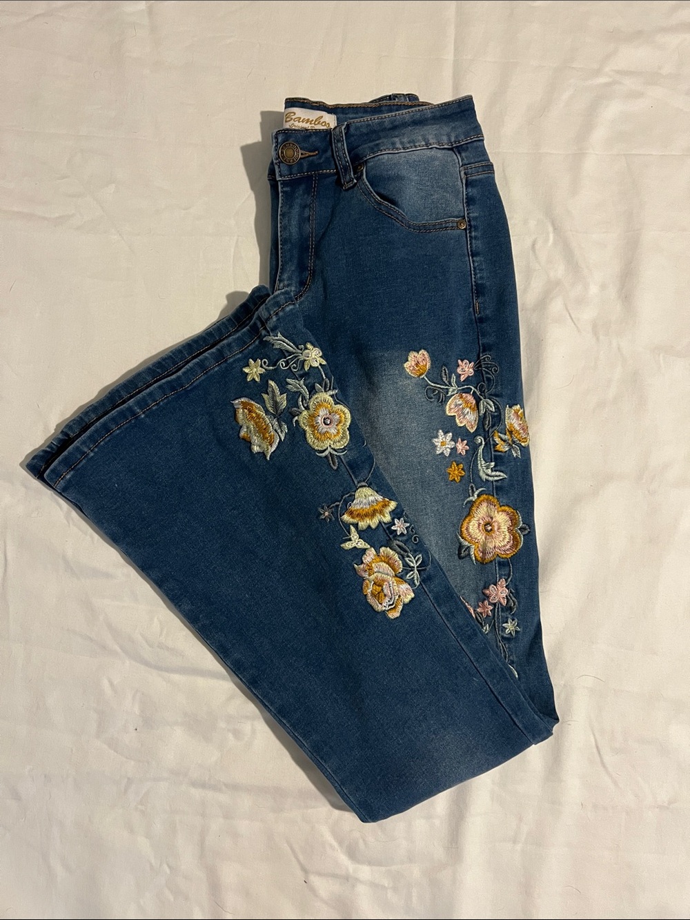 BAMBOO Dark Blue Flare Jeans with Yellow Floral Embroidery